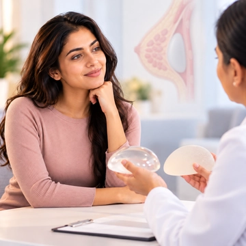 Woman consulting a plastic surgeon about breast augmentation in Calicut, with breast implant models and a blurred breast anatomy illustration in the background.