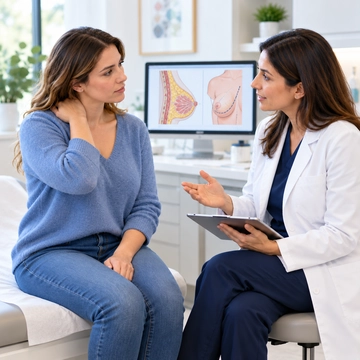 Woman with neck and shoulder pain discussing breast reduction with a female surgeon during a consultation